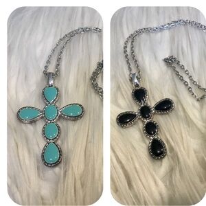 Vintage Double Sided Cross Black And Teal Necklace
